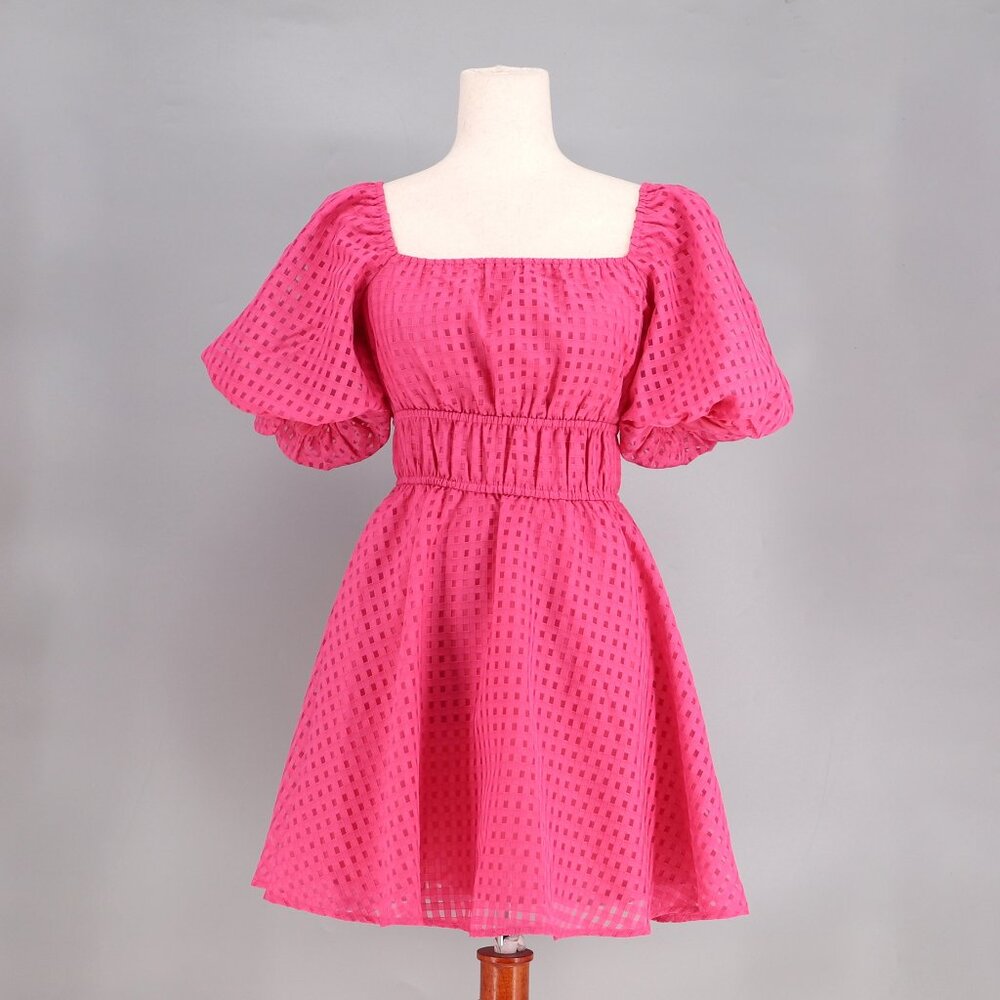 NWT SINCERELY OURS Eyelet Bubble Sleeve Mini Dress Fuchsia Hot Pink Size XS